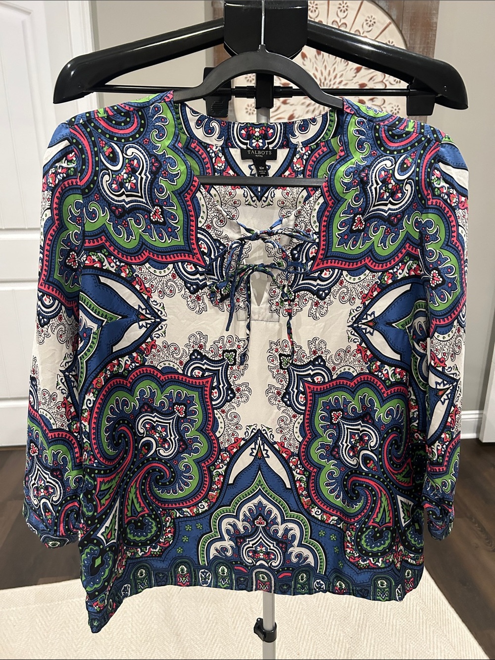 Talbots Paisley Tie-Neck Blouse in Navy, Green & Cream